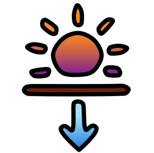 above a brown line sits a sun depicted by a circle surrounded by 7 rays. The sun is gradient purple to orange. Below the line is an arrow pointing down, it is gradient blue to light blue. 